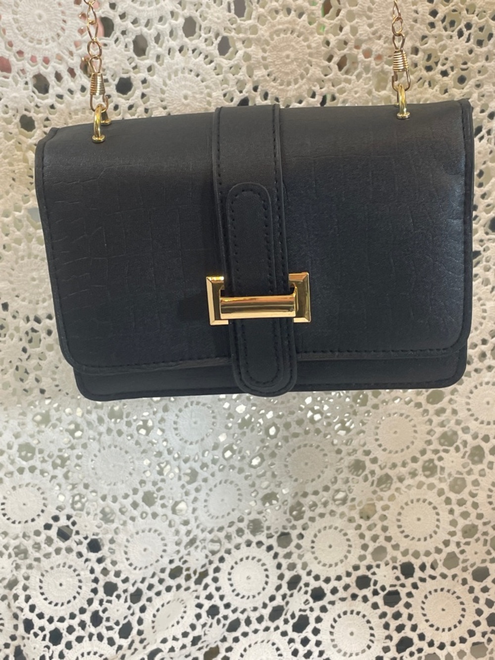 Black Crossbody Bag with Gold Tone Chain handle 22” Man Made Material 8x5x2